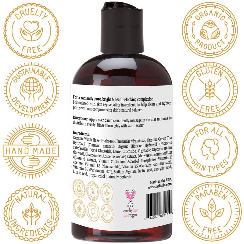 Laritelle Organic Unscented Facial Cleanser 4 oz. Gentle, Purifying, Rejuvenating, Hydrosol-based (Witch Hazel, Green Tea & Hibiscus). No Sulfates, Alcohol, Parabens, Phthalates, GMOs, GF. 5.5 Ph - Image 2